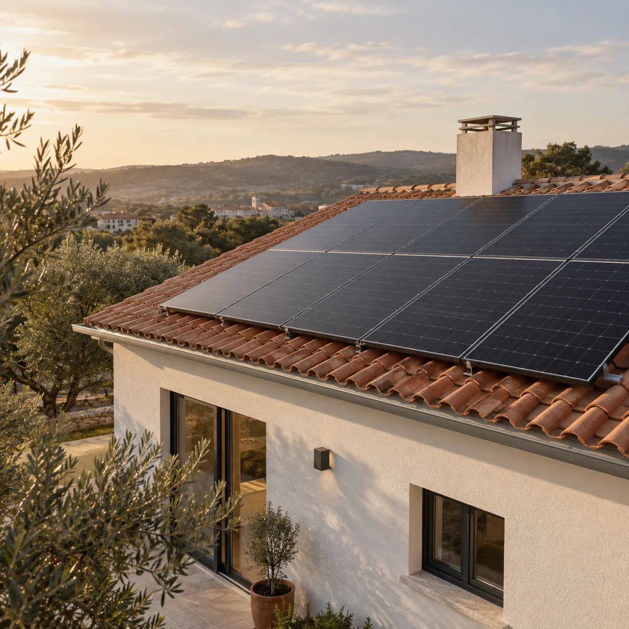 Painéis solares num telhado — imagem ilustrativa